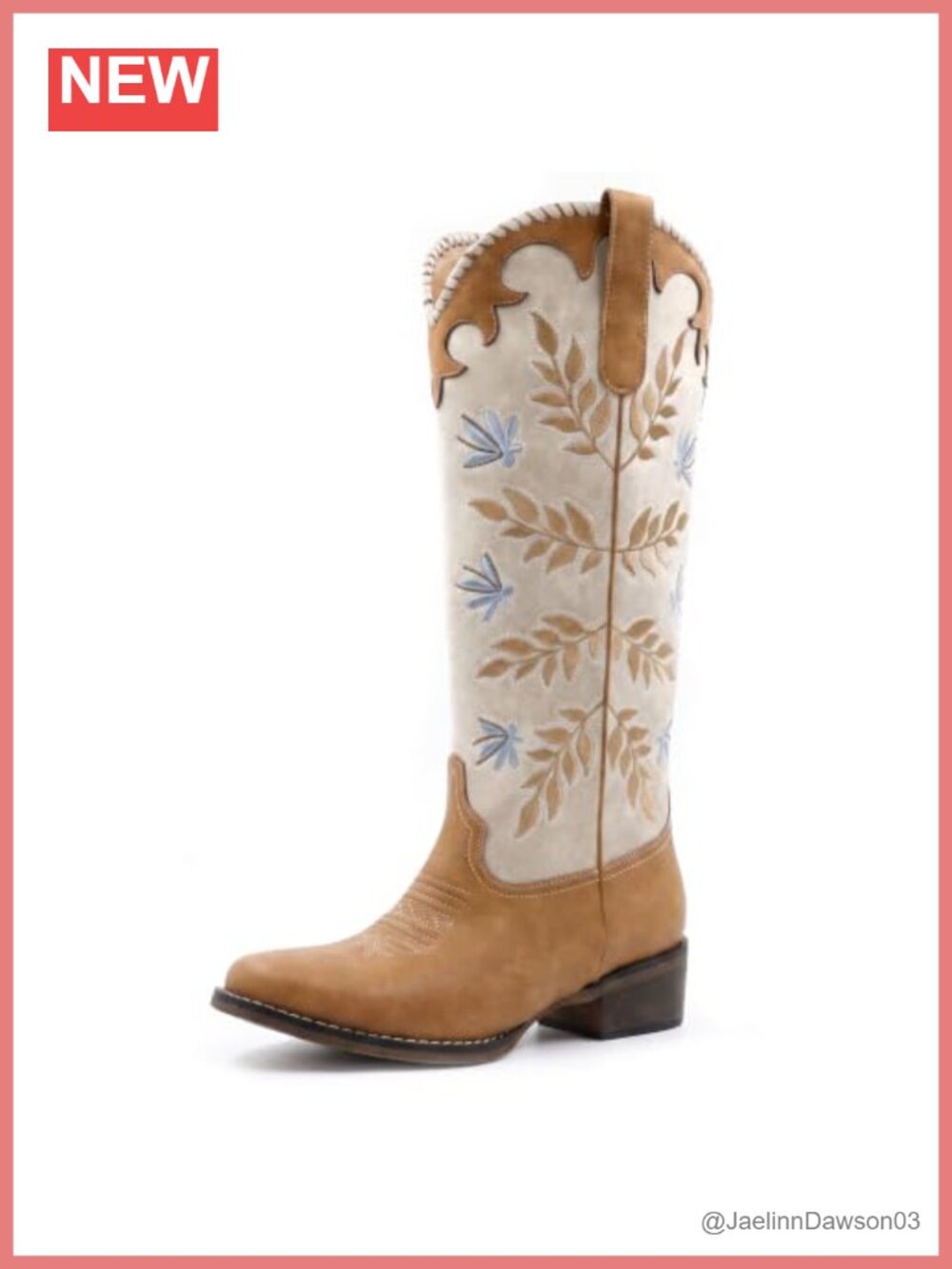 Womens Knee High Western Cowboy Boots Leaf Embroidered Pull On Chunky Heel
